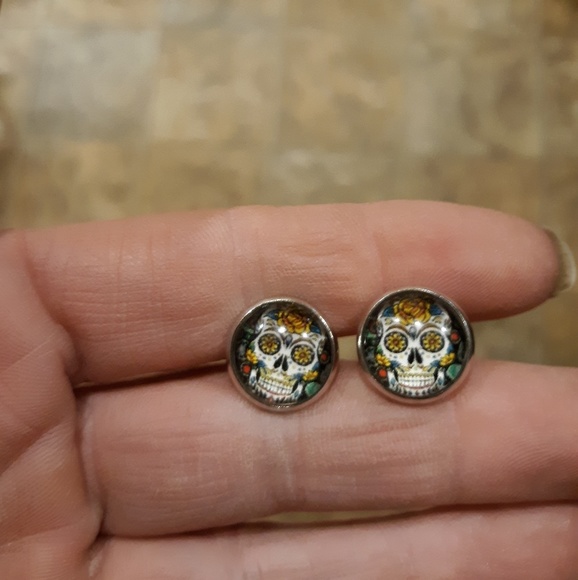 New Day of the Dead Sugar Skull Glass Cabochon Silver Stud Earrings. - Picture 3 of 5